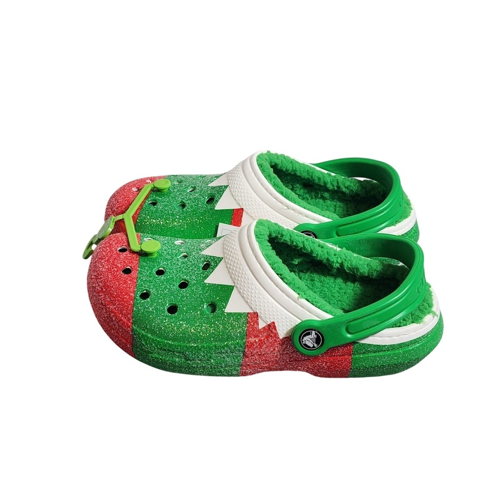 Crocs Classic Holiday Christmas Elf Fur Lined Clog Green Red Womens 7 Mens 5 NWT